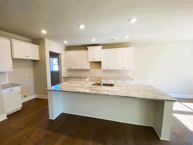 kitchen featuring dark wood-type flooring, a spacious island, a sink, light stone countertops, and tasteful backsplash