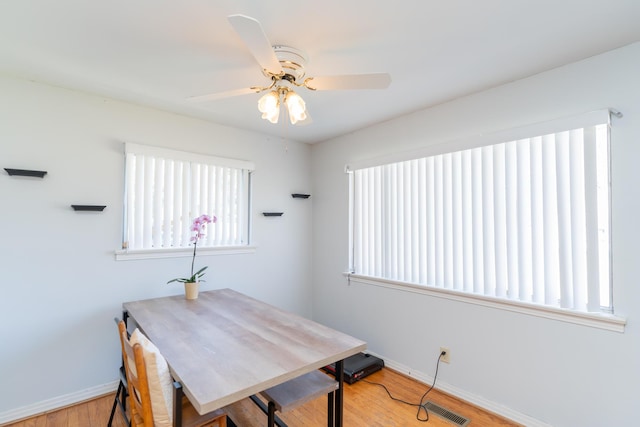 dining room featuring light wood-style floors, a ceiling fan, visible vents, and baseboards