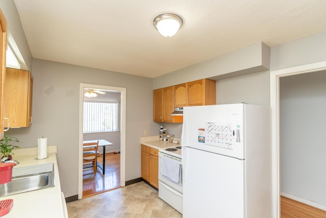 kitchen featuring light countertops, a sink, white appliances, under cabinet range hood, and baseboards