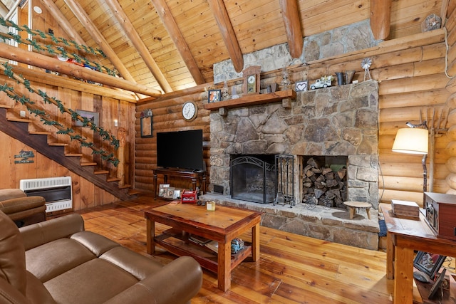 living room featuring hardwood / wood-style flooring, wooden ceiling, heating unit, a fireplace, and beam ceiling