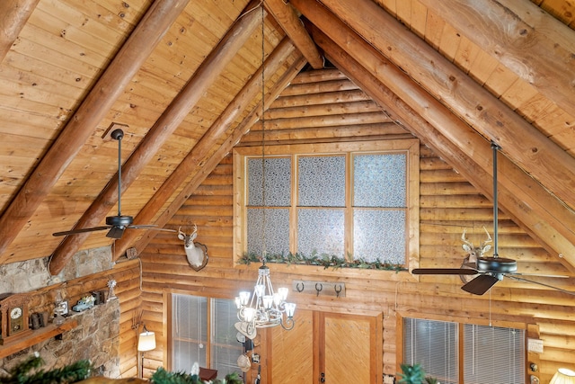 interior details featuring a ceiling fan, wooden ceiling, rustic walls, and beamed ceiling