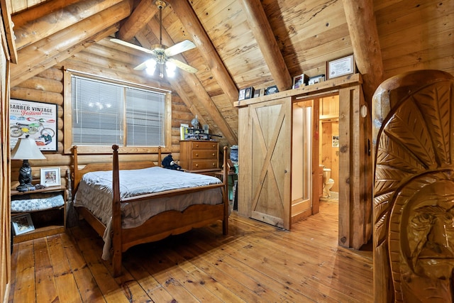 bedroom with light wood-style floors, log walls, wood ceiling, and lofted ceiling with beams