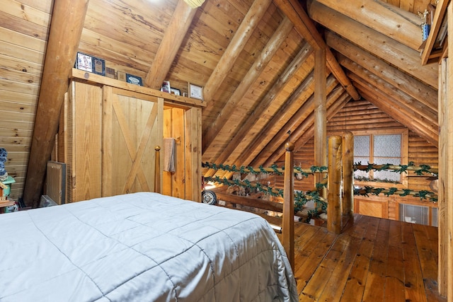 bedroom with vaulted ceiling with beams, wood-type flooring, wooden ceiling, and rustic walls