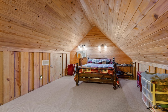 bedroom with vaulted ceiling, wooden ceiling, carpet flooring, and wood walls