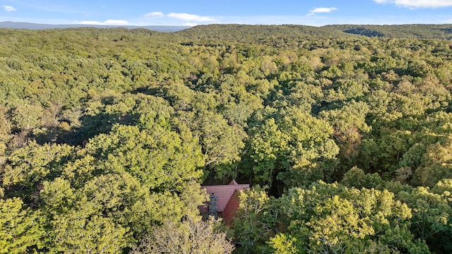 aerial view featuring a wooded view