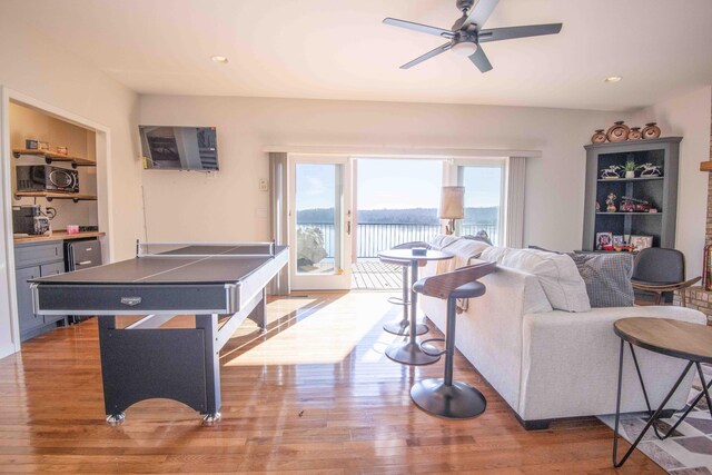 game room featuring recessed lighting, ceiling fan, and wood finished floors
