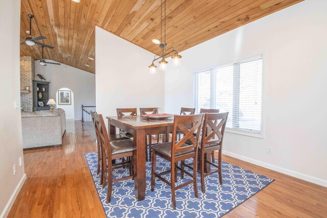 dining room with vaulted ceiling, wooden ceiling, wood finished floors, and baseboards