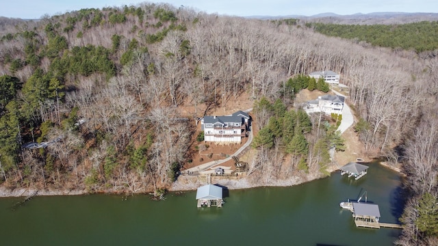 drone / aerial view with a water view and a wooded view
