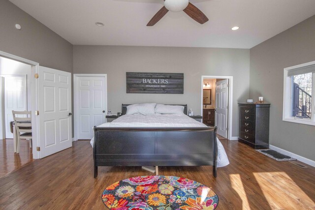 bedroom featuring recessed lighting, dark wood-type flooring, visible vents, a ceiling fan, and baseboards