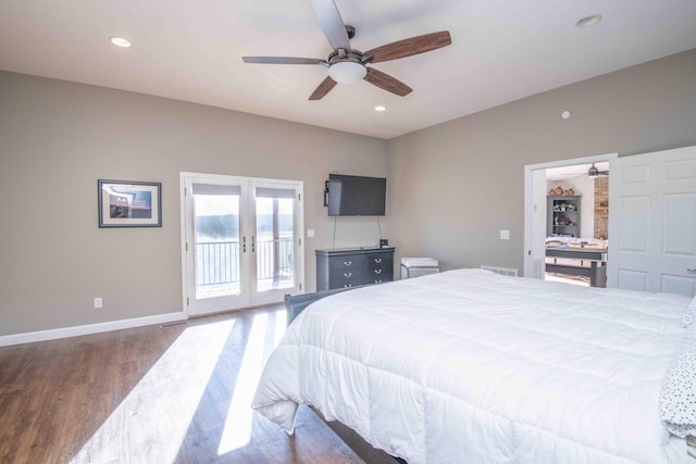 bedroom featuring baseboards, wood finished floors, access to exterior, french doors, and recessed lighting