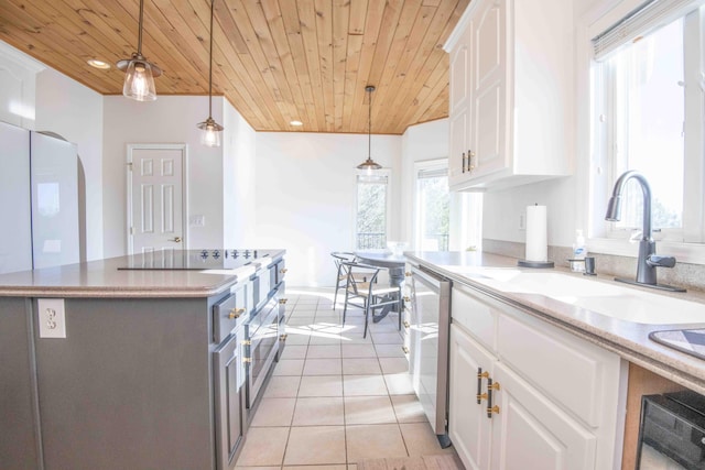 kitchen featuring wood ceiling, dishwasher, a sink, and light tile patterned floors
