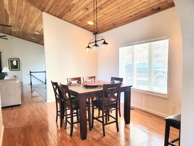 dining area featuring wooden ceiling, vaulted ceiling, wood-type flooring, and baseboards