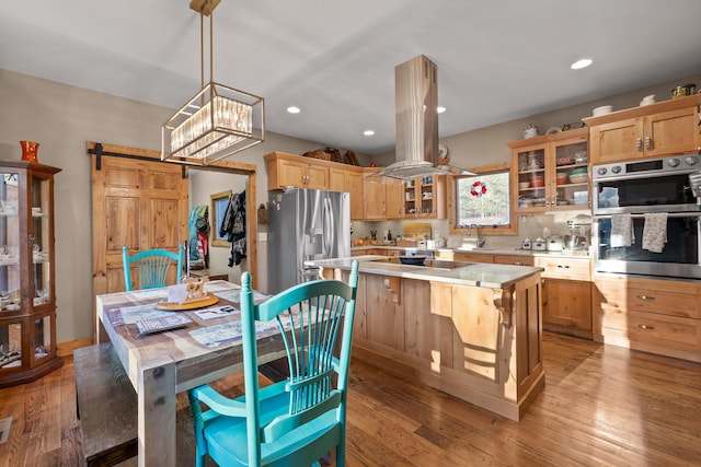 kitchen with a barn door, light countertops, appliances with stainless steel finishes, light wood-type flooring, and island exhaust hood