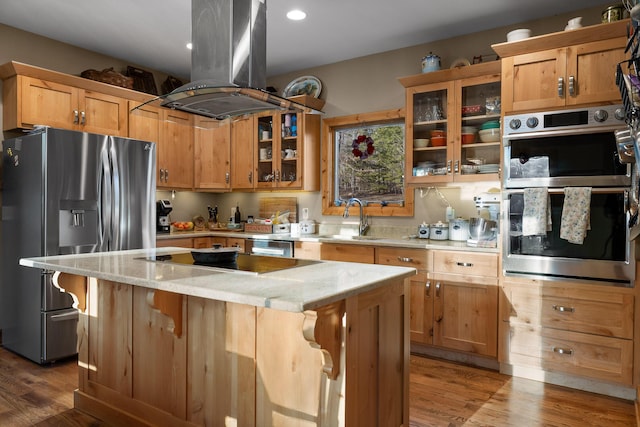 kitchen featuring island range hood, a kitchen island, wood finished floors, stainless steel appliances, and a sink