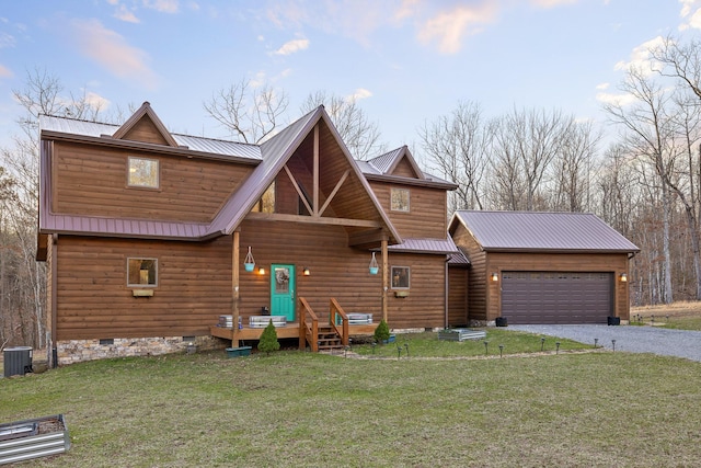 view of front of property with crawl space, metal roof, and a front lawn