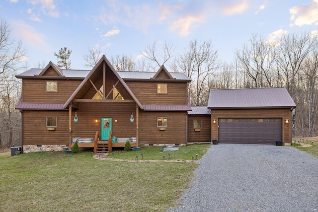 view of front of property featuring an attached garage, a front yard, crawl space, metal roof, and driveway