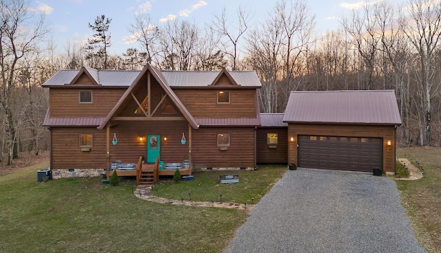 view of front of property with a garage, a front lawn, crawl space, and gravel driveway