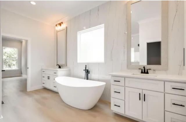 bathroom with wood finished floors, two vanities, a freestanding tub, and a sink