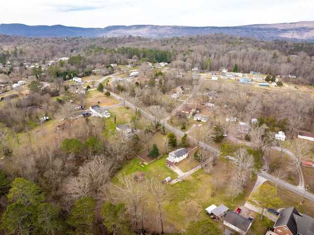 aerial view featuring a forest view and a mountain view