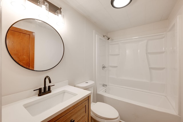 bathroom featuring toilet, shower / bathing tub combination, and vanity