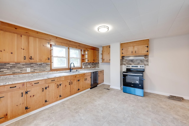 kitchen featuring baseboards, electric stove, dishwasher, under cabinet range hood, and a sink