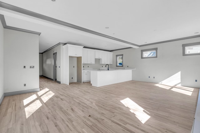 unfurnished living room featuring light wood-style flooring, crown molding, and a sink