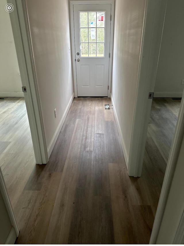 entryway with baseboards and wood finished floors