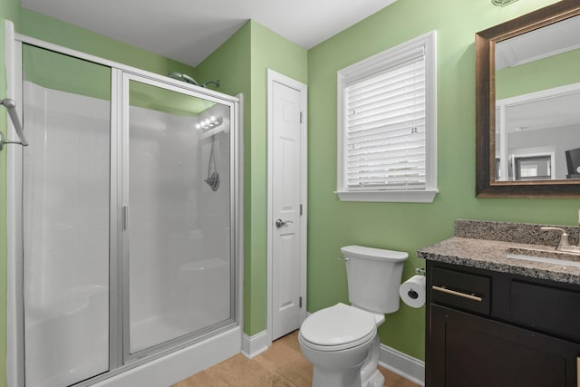 full bath featuring toilet, a stall shower, vanity, and baseboards