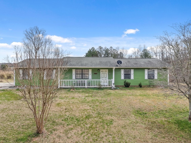 ranch-style home with a porch and a front lawn