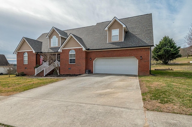 view of front of home with concrete driveway, a front lawn, crawl space, and brick siding