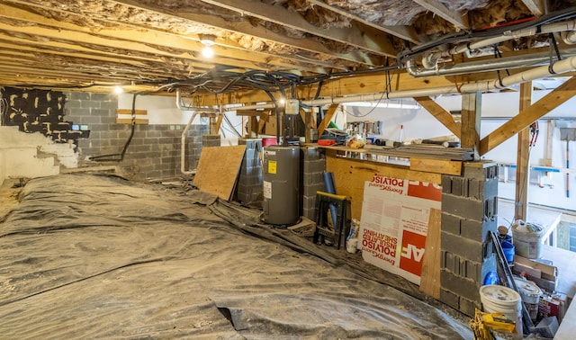 unfinished basement featuring electric water heater