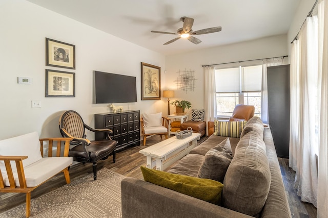 living area with ceiling fan and wood finished floors