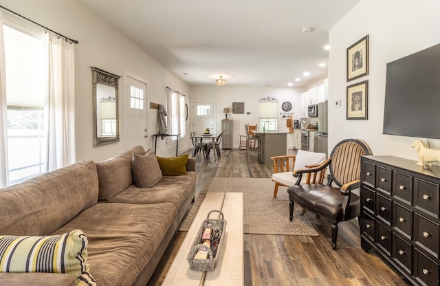 living area with dark wood-style floors and plenty of natural light