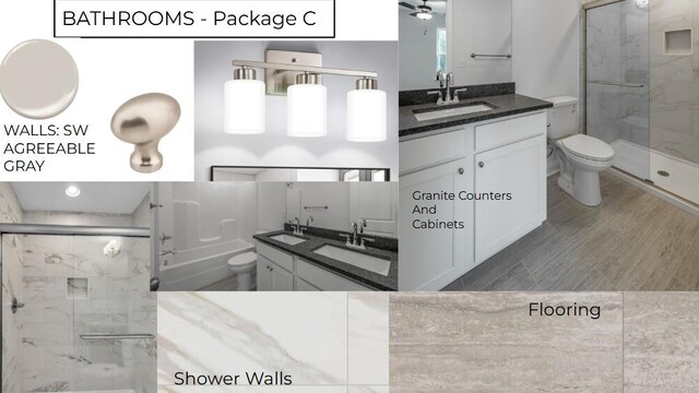 bathroom with vanity, a marble finish shower, and toilet