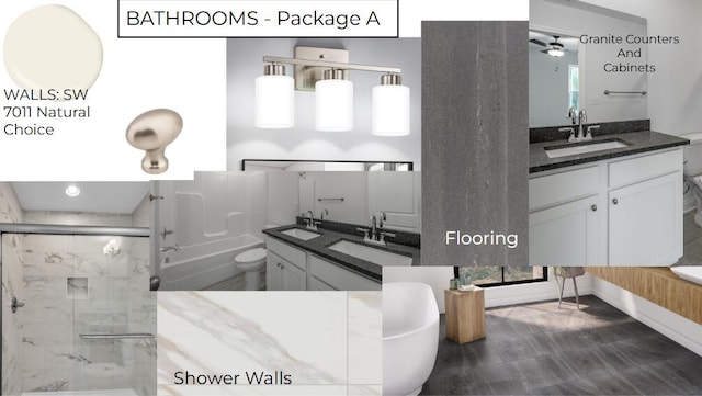 full bath with a bathtub, a sink, ceiling fan, and a stall shower