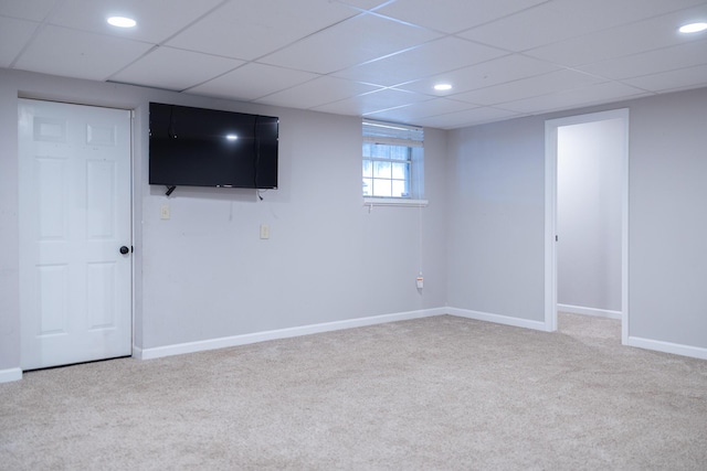 basement with recessed lighting, carpet flooring, and baseboards