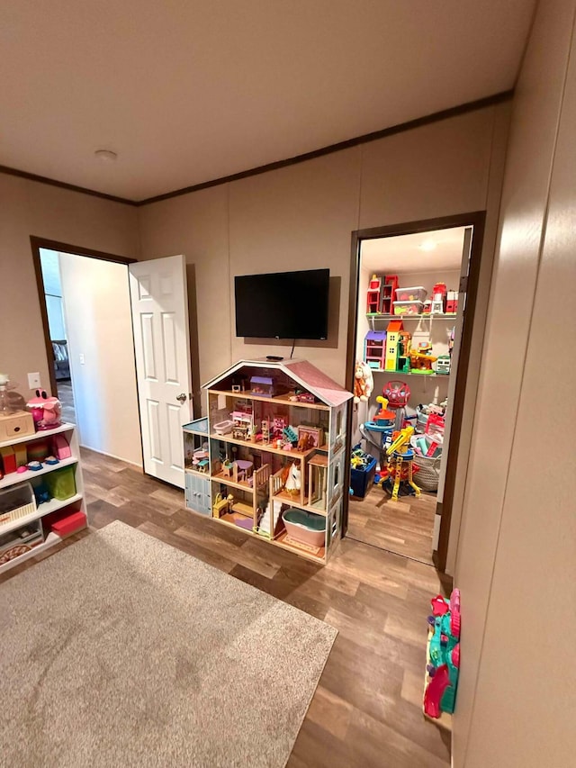 recreation room with crown molding and wood finished floors