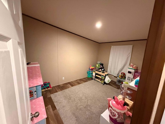 game room featuring crown molding and wood finished floors