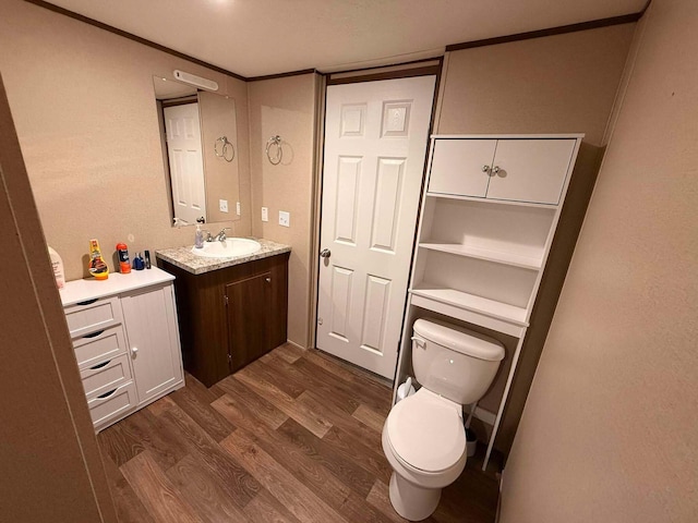 bathroom featuring vanity, toilet, and wood finished floors