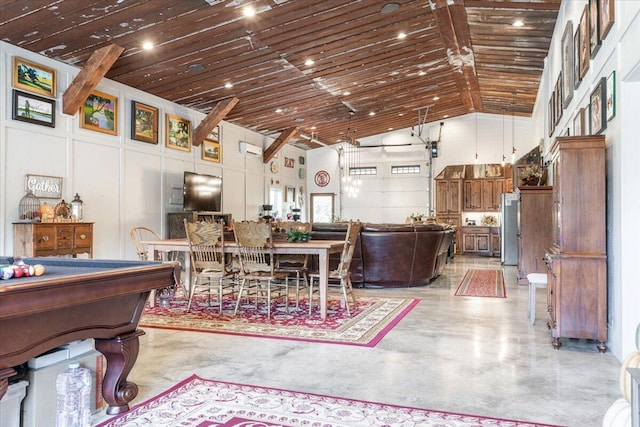 dining space featuring wood ceiling, concrete floors, and high vaulted ceiling