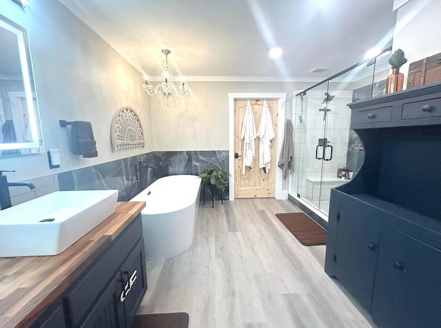 bathroom featuring wainscoting, a soaking tub, wood finished floors, vanity, and a shower stall