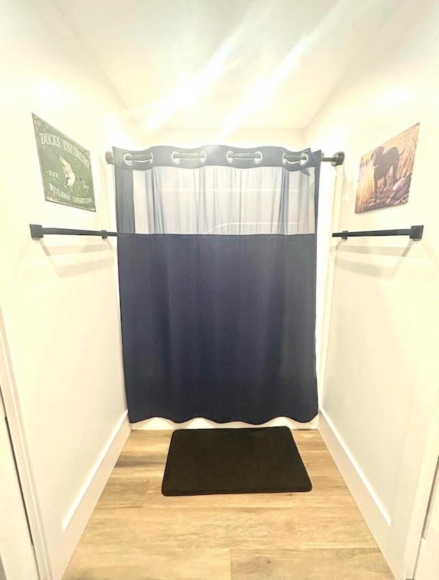 bathroom with baseboards, a shower with shower curtain, and wood finished floors