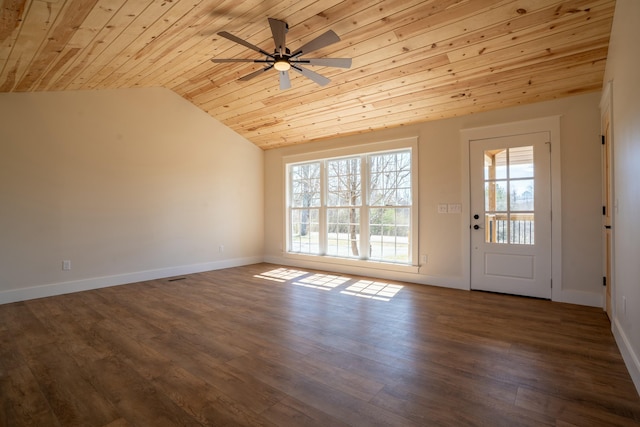 entryway featuring dark wood-style floors, lofted ceiling, wooden ceiling, and baseboards