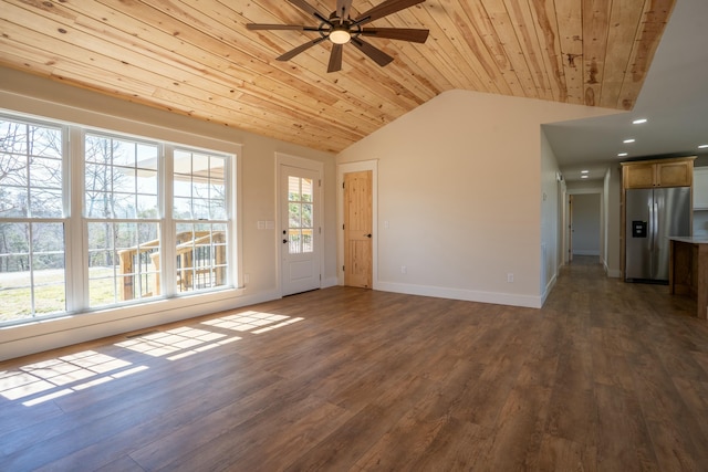 unfurnished living room featuring wood ceiling, plenty of natural light, vaulted ceiling, and dark wood-type flooring