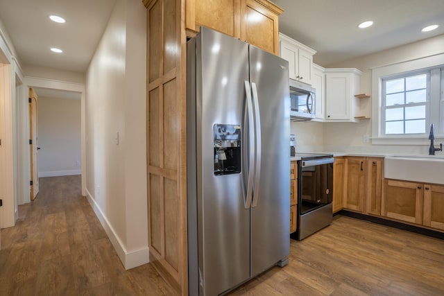 kitchen featuring recessed lighting, light countertops, appliances with stainless steel finishes, a sink, and wood finished floors