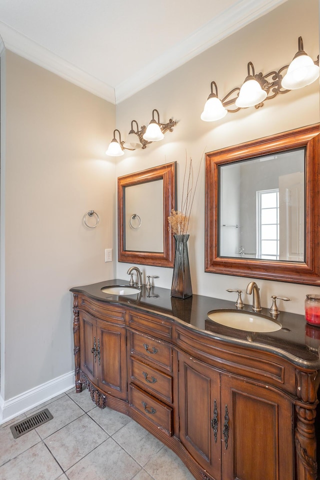 full bathroom with ornamental molding, a sink, tile patterned flooring, and visible vents