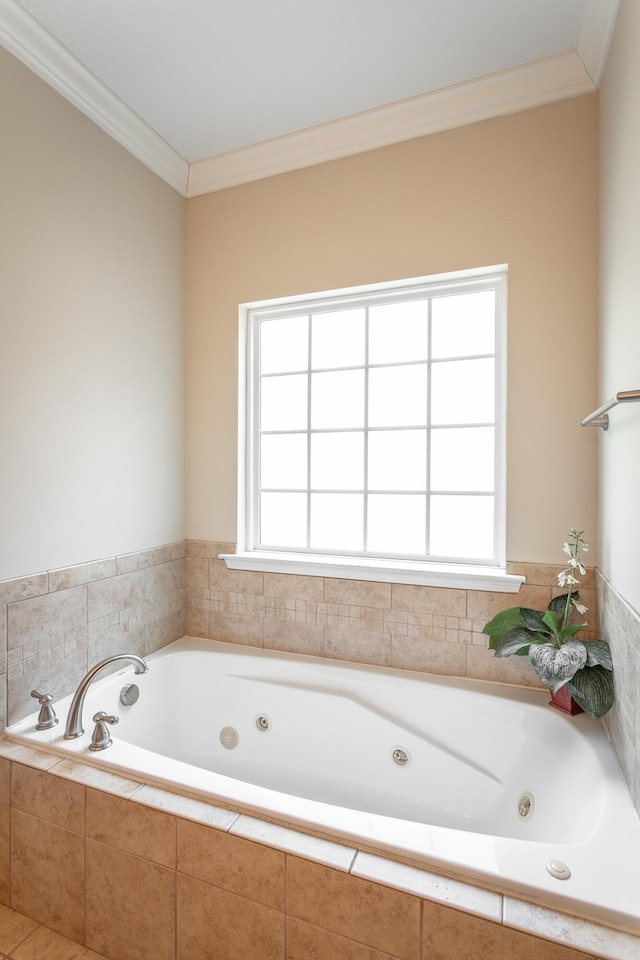 bathroom featuring a jetted tub, ornamental molding, and a wealth of natural light