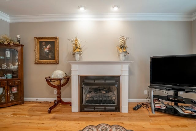 living room with baseboards, a fireplace, wood finished floors, and crown molding