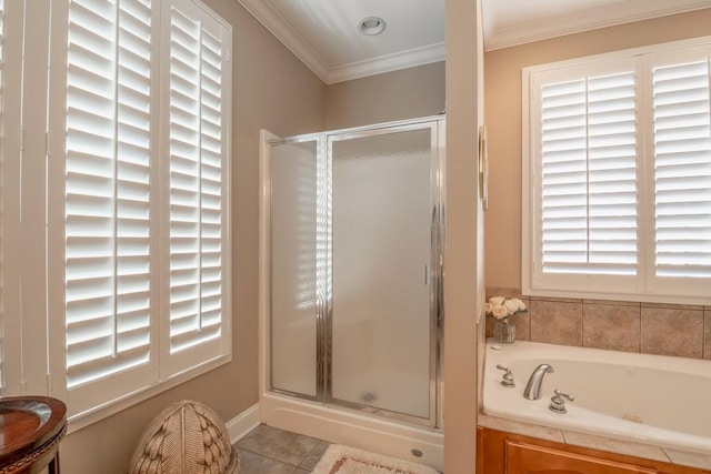 full bathroom with ornamental molding, a stall shower, a wealth of natural light, and tile patterned floors