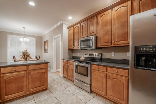 kitchen featuring brown cabinets, light tile patterned floors, stainless steel appliances, dark countertops, and ornamental molding